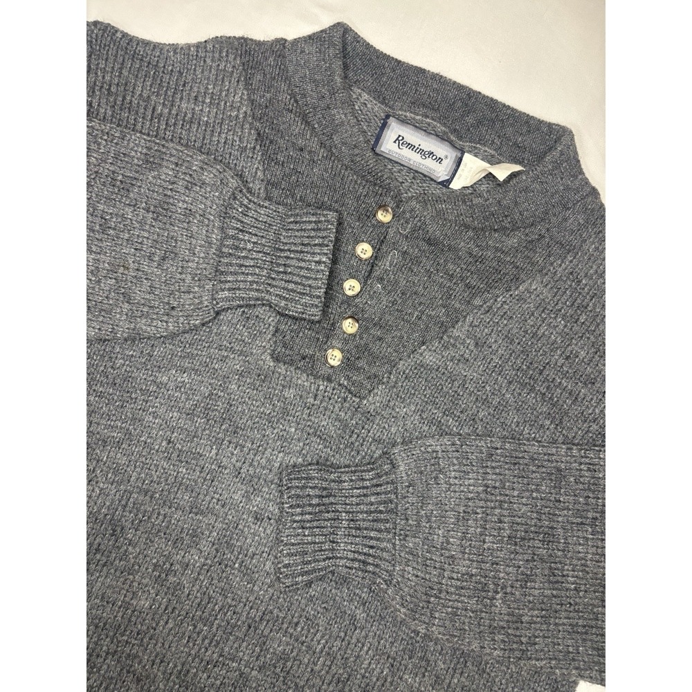 Vintage Remington Wool Blend Pullover Knit Henley Sweater Made in USA Gray 2XL